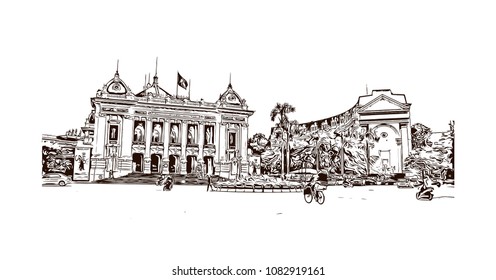 Hanoi, Capital of Vietnam. Hand drawn sketch illustration in vector.