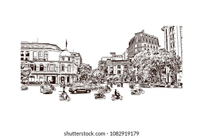 Hanoi, Capital of Vietnam. Hand drawn sketch illustration in vector.