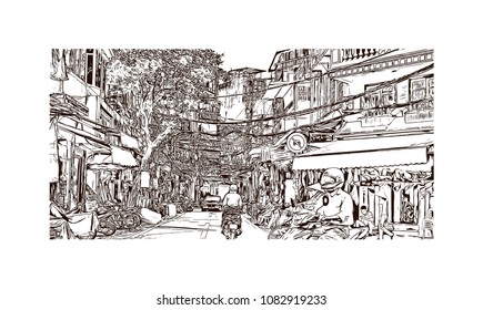 Hanoi, Capital of Vietnam. Hand drawn sketch illustration in vector.
