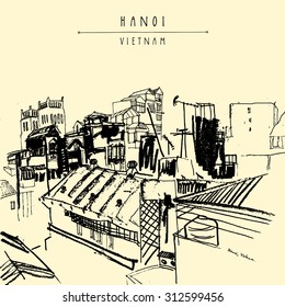 Hanoi, capital of Vietnam, Southeast Asia. Roofs, residential buildings, Catholic church. Skyline, above view. Vintage isolated vector travel poster, banner, postcard or calendar page template