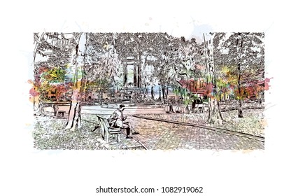 Hanoi, Capital of Vietnam. Watercolor splash with hand drawn sketch illustration in vector.