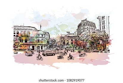 Hanoi, Capital of Vietnam. Watercolor splash with hand drawn sketch illustration in vector.