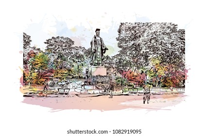 Hanoi, Capital of Vietnam. Watercolor splash with hand drawn sketch illustration in vector.