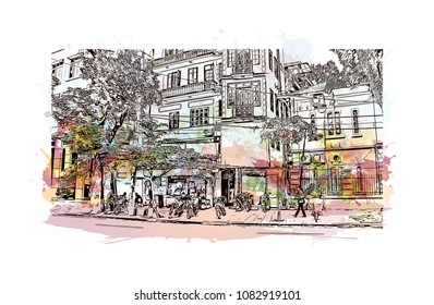 Hanoi, Capital of Vietnam. Watercolor splash with hand drawn sketch illustration in vector.