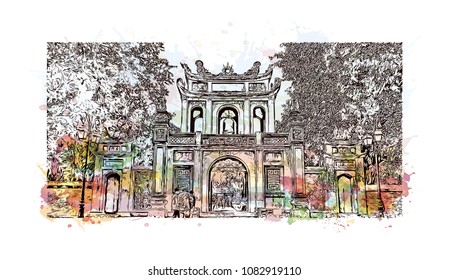 Hanoi, Capital of Vietnam. Watercolor splash with hand drawn sketch illustration in vector.