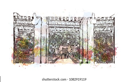 Hanoi, Capital of Vietnam. Watercolor splash with hand drawn sketch illustration in vector.