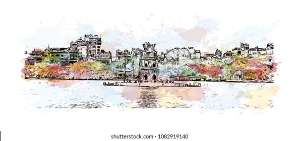 Hanoi, Capital of Vietnam. Watercolor splash with hand drawn sketch illustration in vector.