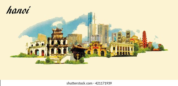 HANOI city panoramic vector water color illustration   