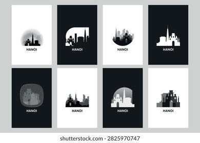 Hanoi city skyline vector logos, icon set. Pack of cityscape contour, buildings silhouettes series. Isolated graphic collection for Vietnam city travel design