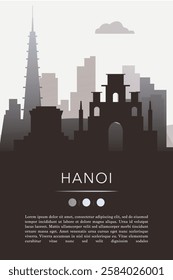 Hanoi city template for website, presentation, front page, invitation, publication sheet with skyline, landmarks. Vector Vietnam image layout, simple and grayscale