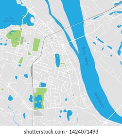 Hanoi City Vector Map in gray background contains road, highway, park, railway,lake  and river, capital city of Vietnam