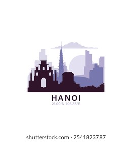 Hanoi logo with skyline, cityscape retro vector icon. Vietnam city horizon, facade, travel logotype