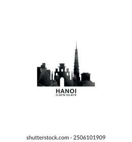 Hanoi panorama, vector badge, skyline logo and icon. Vietnam metropolitan city horizon logotype with landmarks and building silhouettes. Isolated foggy abstract gradient graphic