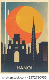 Hanoi retro city poster with abstract shapes of skyline, buildings. Vintage Vitenam travel vector illustration, cityscape at sunrise, sunset