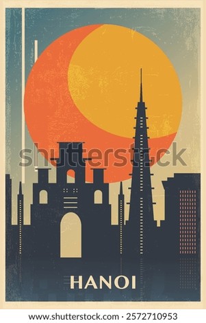 Hanoi retro city poster with abstract shapes of skyline, buildings. Vintage Vitenam travel vector illustration, cityscape at sunrise, sunset