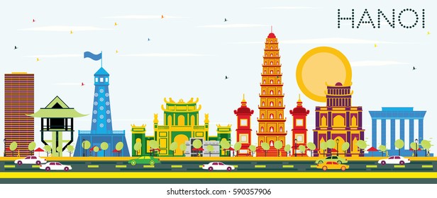 Hanoi Skyline with Color Buildings and Blue Sky. Vector Illustration. Business Travel and Tourism Concept with Historic Architecture. Image for Presentation Banner Placard and Web Site.