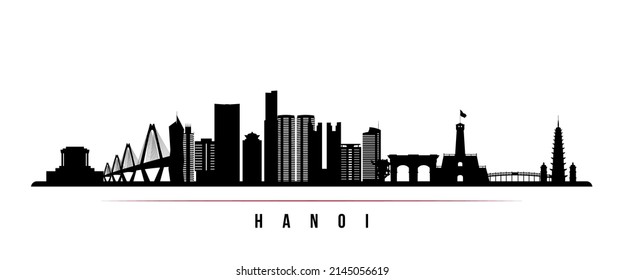 Hanoi skyline horizontal banner. Black and white silhouette of Hanoi, Vietnam. Vector template for your design. 