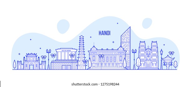 Hanoi skyline, Vietnam. This illustration represents the city with its most notable buildings. Vector is fully editable, every object is holistic and movable