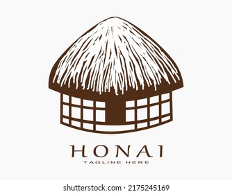 Hanoi traditionelles Haus aus Papua. Einfache Vektorgrafik von Holz mit einem konischen Dach aus Stroh oder Stroh auf Braun. 