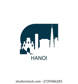 Hanoi vector icon with skyline, panoramic view, outlook shape. Vietnam city landmarks logo concept. Flat isolated graphic, badge