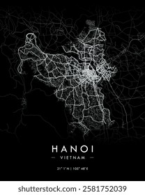 Hanoi vector map in black. Detailed map of Hanoi in Vietnam. Best free vector illustration. Tourist decorative street map.