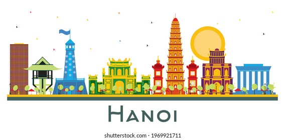 Hanoi Vietnam City Skyline with Color Buildings Isolated on White. Vector Illustration. Business Travel and Tourism Concept with Historic Architecture. Hanoi Cityscape with Landmarks.