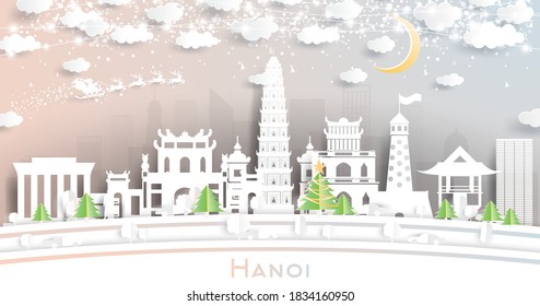 Hanoi Vietnam City Skyline in Paper Cut Style with Snowflakes, Moon and Neon Garland. Vector Illustration. Christmas and New Year Concept. Santa Claus on Sleigh.
