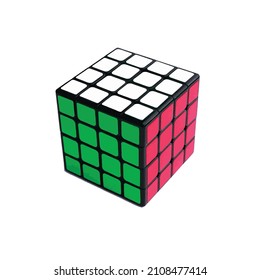 Hanoi, Vietnam - January 18th, 2022: Solved rubik Revenge cube 4x4 vector. Rubik Master Cube. Difficult tasks concept.