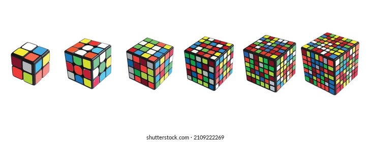 Hanoi, Vietnam - January 19th, 2022: Random rubik's cube different sizes: 2x2x2, 3x3x3, 4x4x4, 5x5x5, 6x6x6 and 7x7x7 vector. Rubik collection.