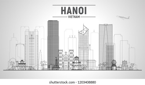 Hanoi ( Vietnam ) line skyline with panorama in white background. Vector Illustration. Business travel and tourism concept with modern buildings. Image for presentation, banner, web site.