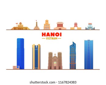 Hanoi ( Vietnam ) main landmarks in white background. Vector Illustration. Business travel and tourism concept with modern buildings. Image for banner or web site.