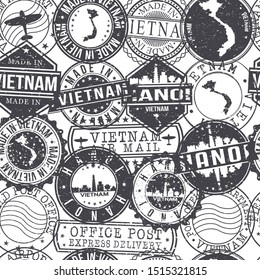Hanoi Vietnam Stamps. City Stamp Vector Art. Postal Passport Travel. Design Set Pattern.