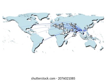 Hanoi-Vietnam in concept vector illustration, map showing flights from Hanoi-Vietnam to major cities around the world.