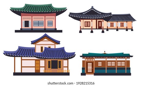 Hanok buildings isolated vector illustration set. Traditional Korean house design element collection. Ancient, classic asian town in cartoon style. svg