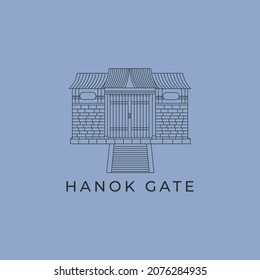 hanok gate with stair line art logo design