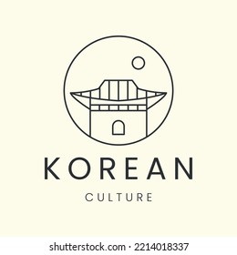 hanok house with emblem line art vector logo illustration design, traditional korean architecture
