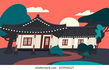 Hanok house flat cartoon illustration. Korean traditional building  banner design. Asian architecture, folk town, historical6 tourist place printing card