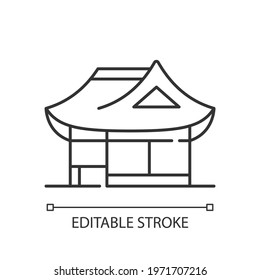 Hanok linear icon. Traditional architecture. Ethnic asian building. Oriental home. Eastern house. Thin line customizable illustration. Contour symbol. Vector isolated outline drawing. Editable stroke