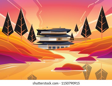 HANOK ON RIVER VECTOR. THE FOREIGN TEXT IN THE IMAGE MEANS: CHUSEOK , AUTUMN EVE
