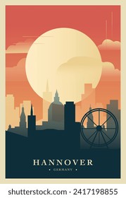 Afiche de brutalismo de la ciudad de Hanover con perfil abstracto, cityscape retro ilustración vectorial. Alemania, portada de viaje por la ciudad de Baja Sajonia, folleto, volante, folleto, imagen de la plantilla de presentación de negocios