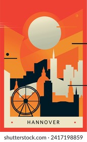 Afiche de brutalismo de la ciudad de Hanover con perfil abstracto, cityscape retro ilustración vectorial. Alemania, portada de viaje por la ciudad de Baja Sajonia, folleto, volante, folleto, imagen de la plantilla de presentación de negocios