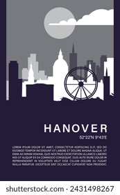 Hanover city minimalistic poster with skyline, cityscape retro vector illustration. Germany town abstract travel front cover, brochure, flyer, leaflet, flier, template, layout