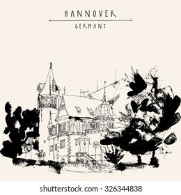 Hanover, Germany, Europe. A beautiful old mansion and trees. Black and white artistic hand drawn vintage touristic postcard, poster. Hannover Germany hand lettering