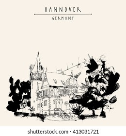Hanover, Germany, Europe. A beautiful old mansion and trees. Hand drawn touristic postcard, poster template or book illustration in vector