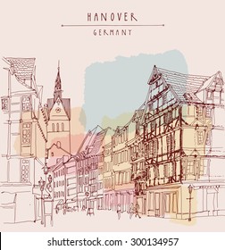 Hanover, Germany, Europe. Vector illustration of old center. Walking street, houses, church belfry, people. Historical buildings. Line art sketch drawing. Postcard template, copy space, hand lettering