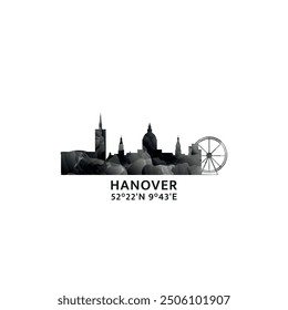 Hanover panorama, vector badge, skyline logo and icon. Germany city horizon logotype with landmarks and building silhouettes. Isolated foggy abstract gradient graphic