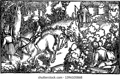 Hans Burgmais Print was created in 1509 vintage line drawing or engraving illustration.