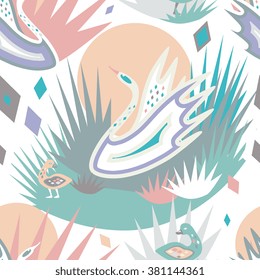 Hans Christian Andersen tale Ugly Duckling inspired seamless pattern with swan and duckling.