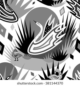 Hans Christian Andersen tale Ugly Duckling inspired seamless pattern with swan and duckling.