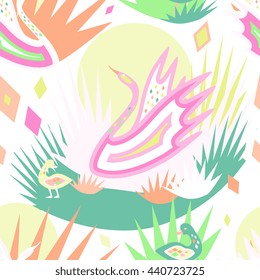 Hans Christian Andersen tale Ugly Duckling inspired seamless pattern with swan. Beautiful asian style minimalistic design in bright fashion colors. For textile, fabric, print, background. 